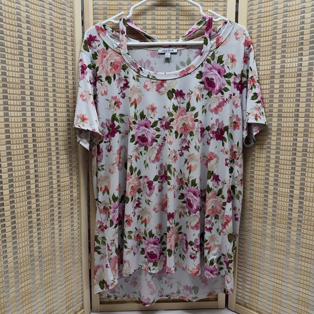 White Birch Top Women's Large White Pink Floral Pattern Short Sleeve
